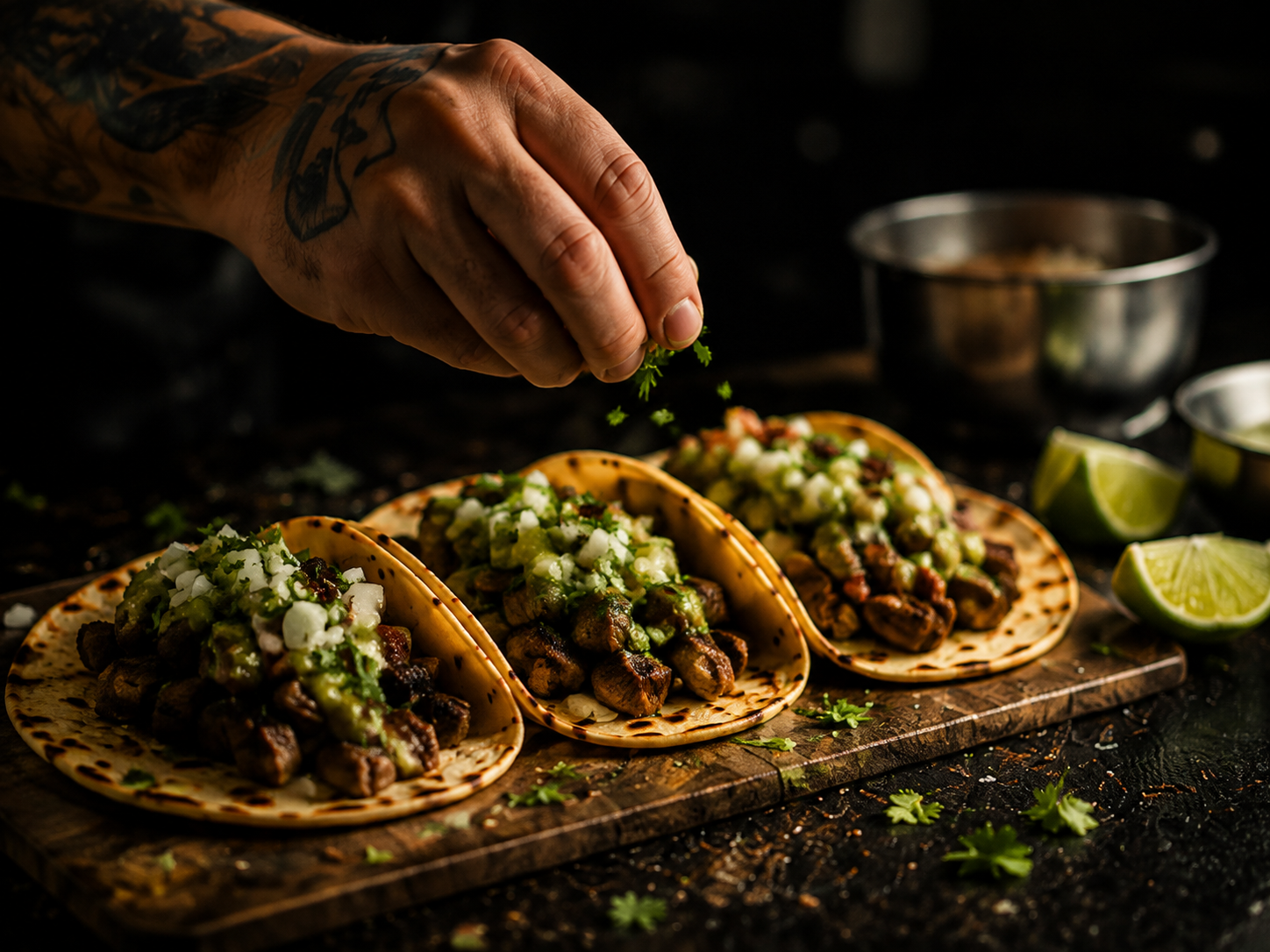 Fresh cilantro being added to tacos