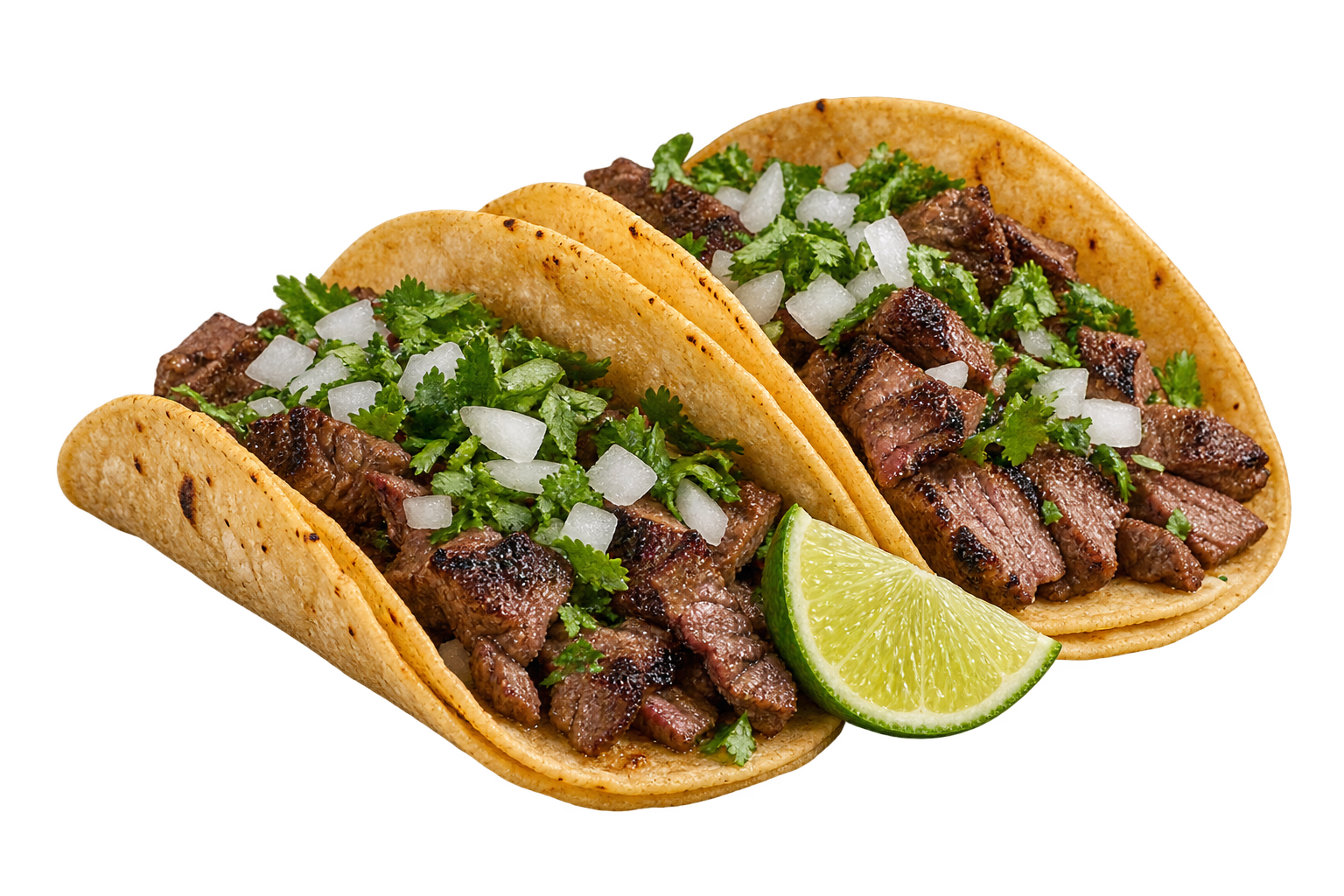 Tacos de carne asada con cilantro y limón